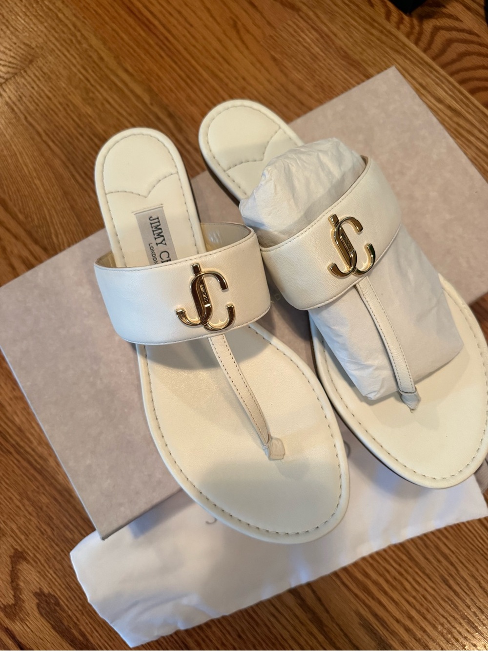 Jimmy Choo White Leather Thong Sandals with Gold JC Emblem